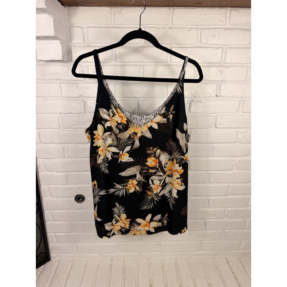 White House Black Market Women's XL Black Tropical Floral Sleeveless Blouse